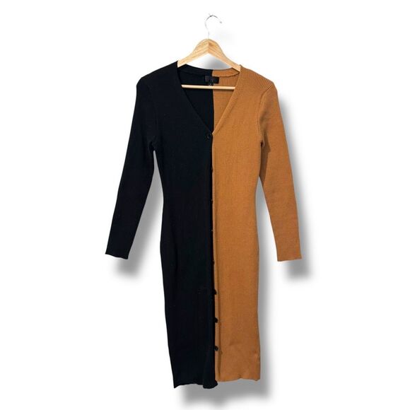 Say What? Dresses & Skirts - Say What Shoko Colorblock Sweater Dress Womens Size L Black Tan Midi Button